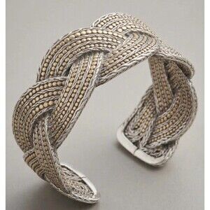 Vintage Two-Tone Byzantine Woven Knot Cuff Bracelet Silver Gold Wide Signed 66g